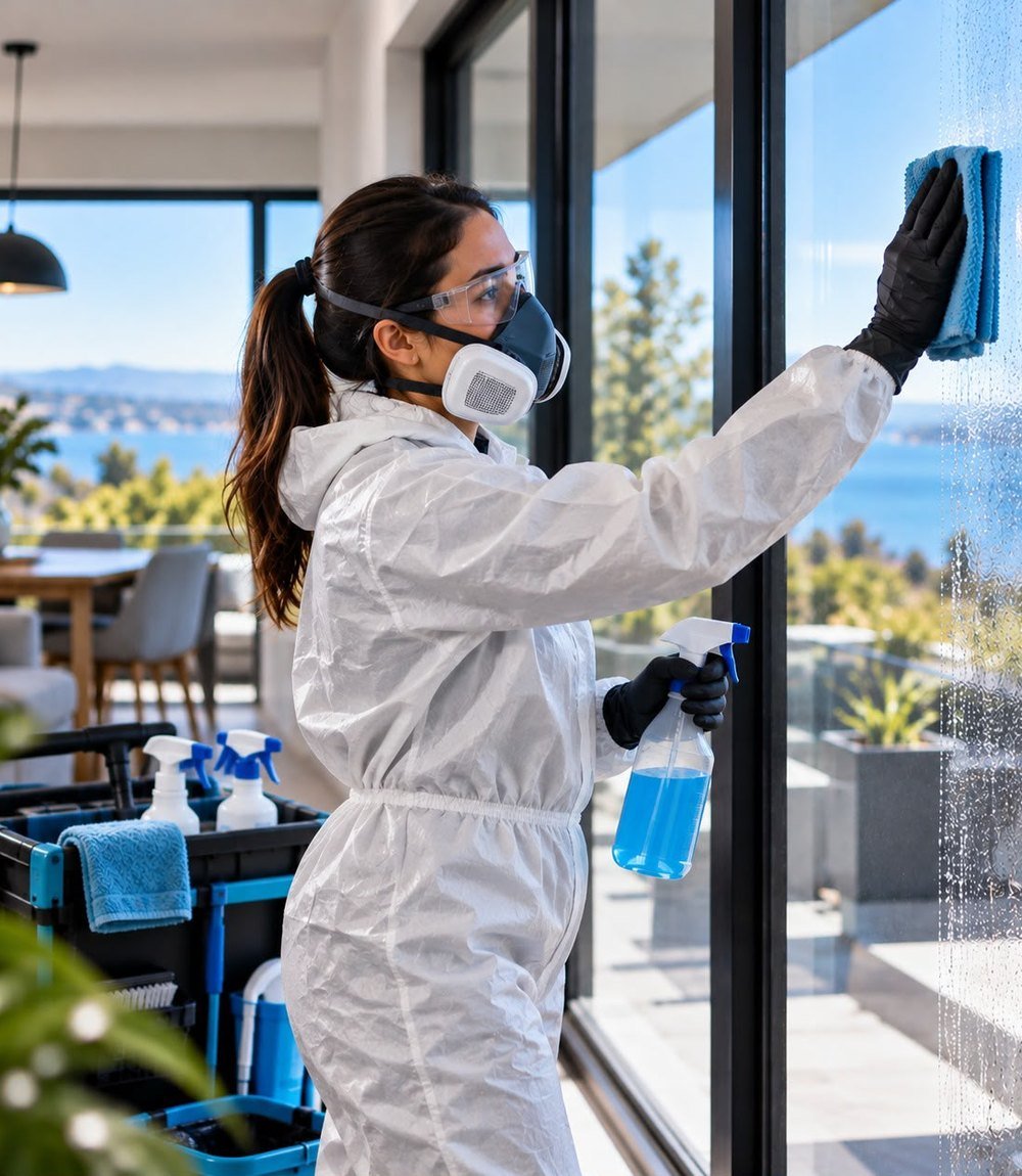 Fixora technician cleaning interior glazing during a property clean