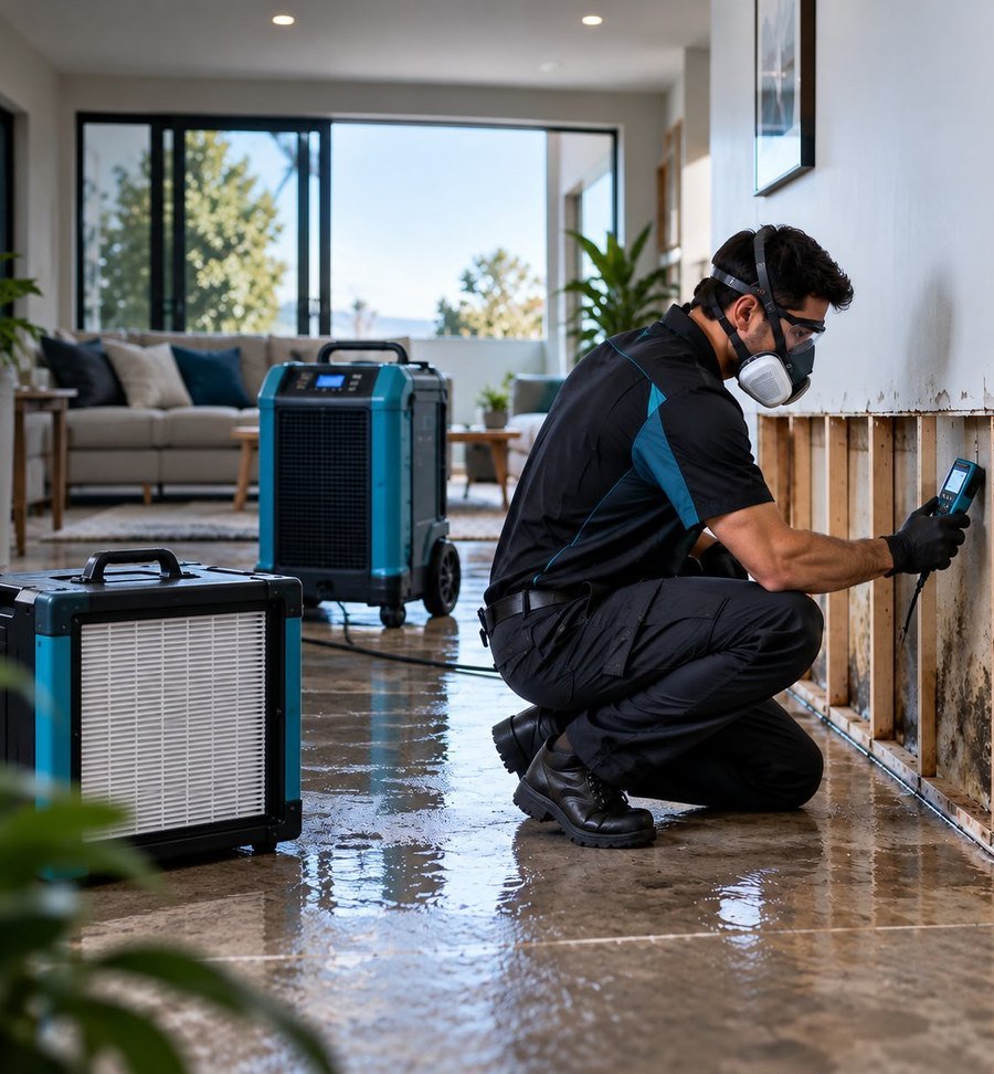Fixora technician checking moisture readings beside drying equipment